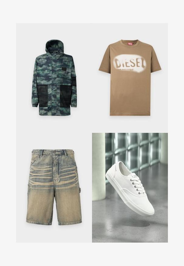 Wasserabweisende Jacke im grünen Camouflage-Muster, mit Netzseitentaschen, einer verstellbaren Kapuze und einem Frontreißverschluss mit Klappenverschluss.; Braunes Baumwoll-T-Shirt mit einem weiß angesprühten "DIESEL"-Logo. Klassischer Rundhalsausschnitt und kurze Ärmel mit glatter Textur.; Denim-Cargo-Shorts mit einem verblassten Blau- und Beigetonverlauf. Verfügt über zwei Seitentaschen, einen Knopfverschluss und gestickte Akzente.; Weißer niedriger Canvas-Sneaker mit Schnürsenkeln, beschriftet mit Tommy Hilfiger, schwebt über einem glatten grauen Boden nahe einer Glasbausteinwand.