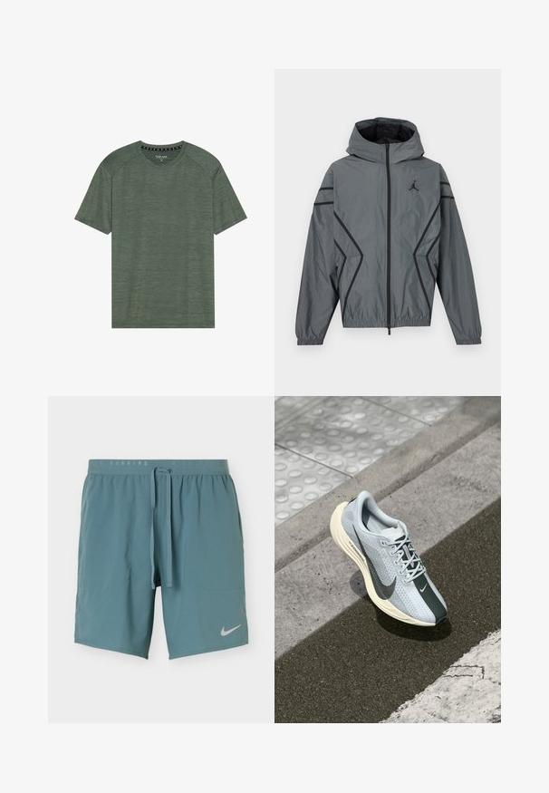 Grå hætteklædt vindjakke med frontlynlås, sorte accentlinjer, elastiske manchetter, sidelommer og lille sort logo på brystet.; Grøn kortærmet t-shirt lavet af tekstureret stof. Har en rund halsudskæring og let hævede skuldersømme. Ingen synlige mønstre eller accenter.; Blågrønne atletikshorts med snøre i taljen, sidelommer og hvid Nike-swoosh-logo på venstre ben.; Lysblå løbesko med grå detaljer, mesh-overdel og en cremefarvet mellemsål. Har et fremtrædende sort swoosh-logo og en tekstureret sål.