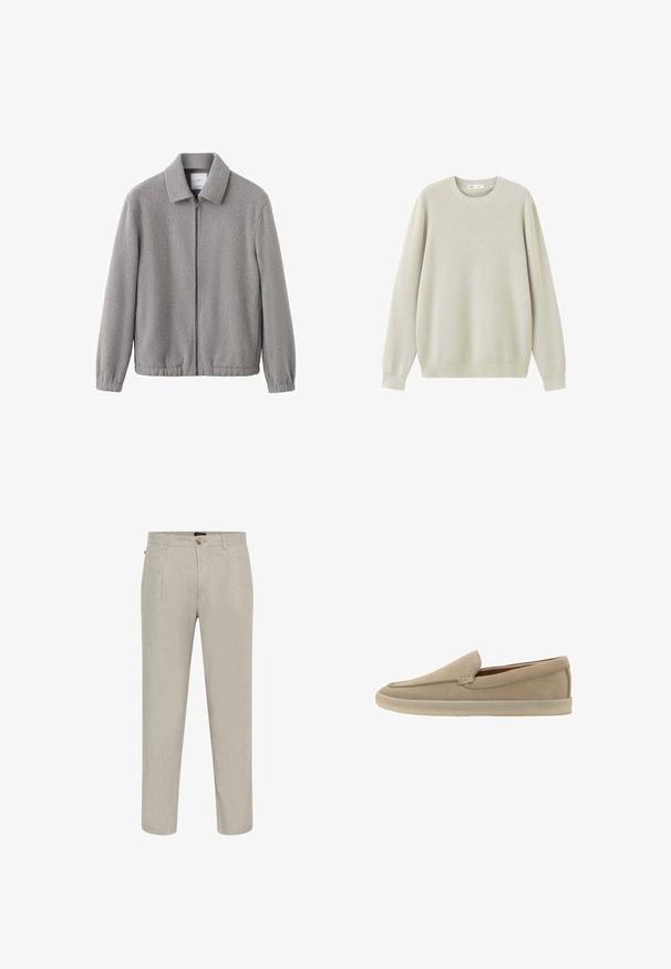 Grå fleecejakke med lynlås foran, krave, elastiske manchetter og en let tekstureret overflade. Enkel, afslappet design.; Lysebeige striktrøje med lange ærmer og rund hals, vist på en hvid baggrund.; Beige linnedragtbukser med struktureret overflade, der har en lige ben-design, to frontlommer og en knaplukning ved taljen.; Beige ruskind slip-on loafer med en lysfarvet gummisål, lav hæl og diskrete syningsdetaljer langs øverste kant.