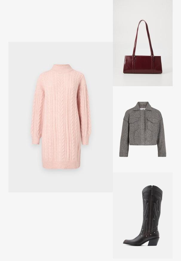 Veste grise courte en laine texturée, dotée d'un col pointu, de deux poches avant et d'une coupe droite.; Robe en tricot côtelé rose doux avec de longues manches et un col montant, un ourlet et des poignets côtelés sur fond blanc.; Bottes de cowboy en cuir marron avec surpiqûres en forme de flammes, fermeture éclair latérale, clous argentés, bout pointu et talon superposé.; Sac à main bordeaux en matériau brillant, de forme rectangulaire, avec deux anses et des accents légèrement courbés à l'avant.