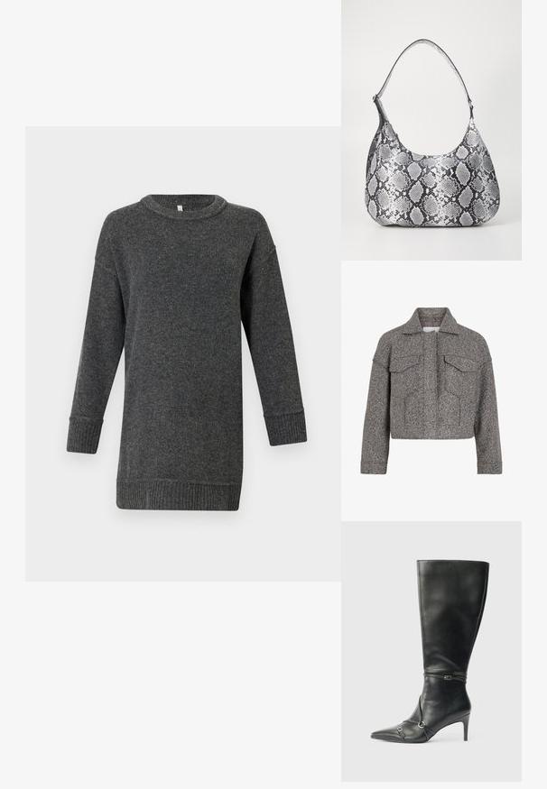 Veste grise courte en laine texturée, dotée d'un col pointu, de deux poches avant et d'une coupe droite.; Pull en laine à manches longues gris foncé, avec des poignets et un ourlet côtelés, un col rond et une coupe décontractée.; Bottes noires en cuir montant jusqu'au genou, avec un talon fin, un bout pointu et des détails de lanière à la cheville. Texture lisse et design ajusté.; Sac à épaule en simili cuir noir et blanc avec imprimé serpent, de forme arrondie, texture lisse et bandoulière incurvée. Présente un accent en matériel argenté.