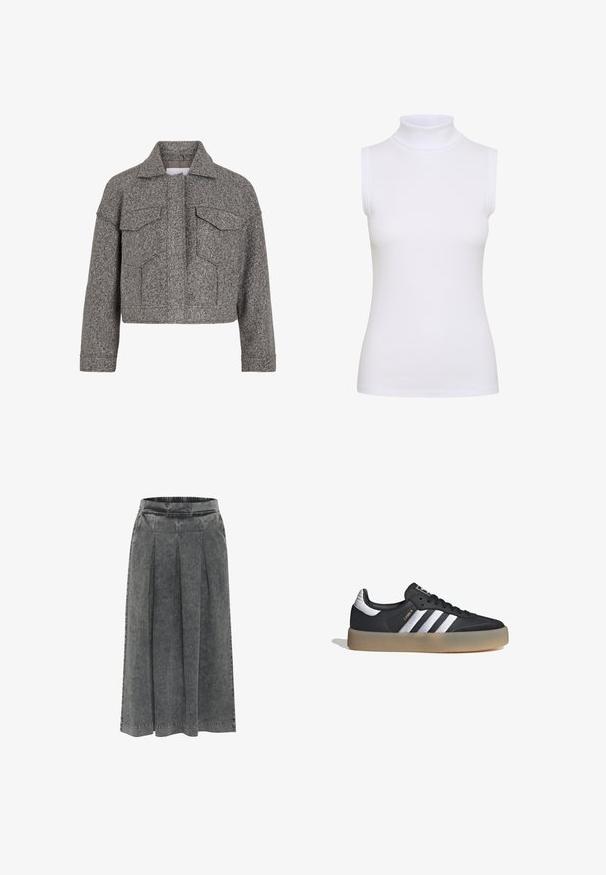 Chaqueta gris corta de lana texturizada, con un collar puntiagudo, dos bolsillos frontales y un diseño de corte recto.; Top sin mangas blanco de cuello alto en tejido acanalado, con un diseño ajustado y textura suave, con cuello alto y sin herrajes visibles.; Falda de mezclilla gris con pliegues, cinturilla elástica, de longitud a la rodilla y con una superficie texturizada. Diseño simple sin patrones o adornos visibles.; Zapatilla deportiva de cuero negro con tres rayas plateadas, punta texturizada y suela de goma. Cuenta con un collar acolchado y un diseño con cordones.