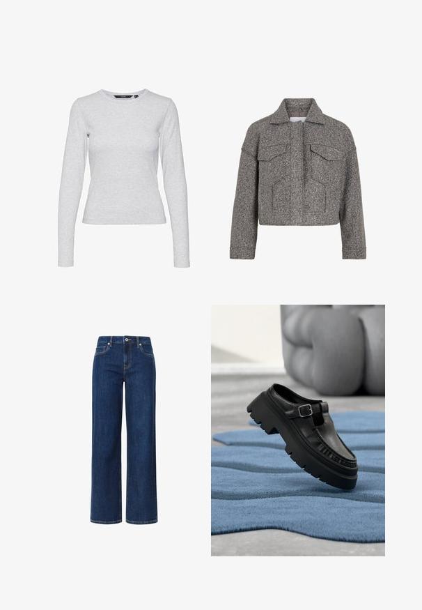Chaqueta gris corta de lana texturizada, con un collar puntiagudo, dos bolsillos frontales y un diseño de corte recto.; Camiseta de manga larga gris claro hecha de una suave mezcla de algodón. Presenta un escote redondo y una silueta ajustada sin patrones ni adornos.; Jeans de pierna ancha en denim azul oscuro con una textura suave, que presentan un cierre de botón y cremallera, cinco bolsillos y costuras en contraste.; Mocasín de cuero negro con suela gruesa de tacos y hebilla plateada, colocado en ángulo sobre una alfombra azul texturizada.
