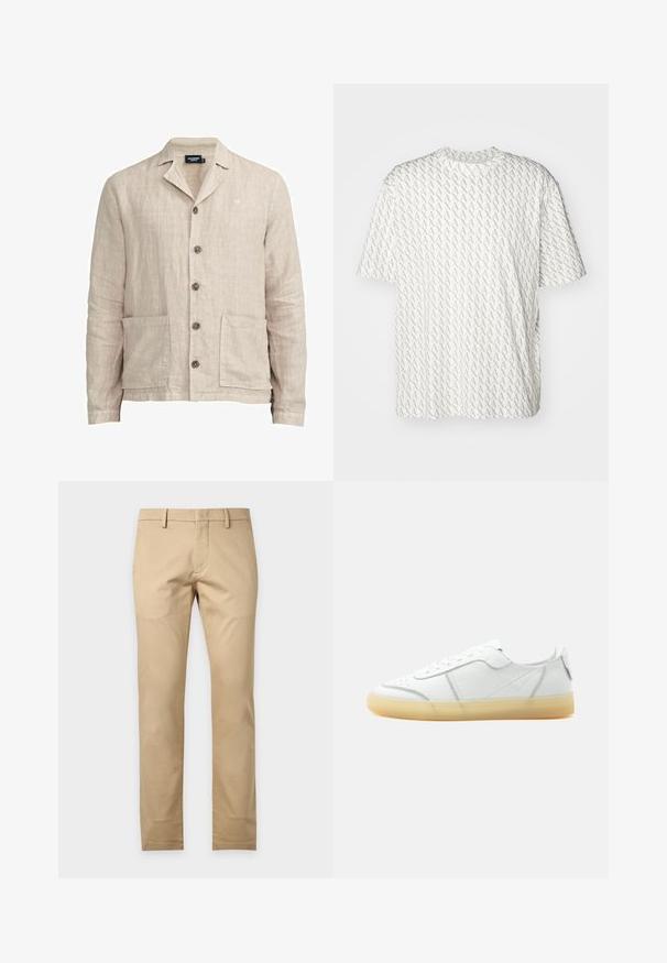 Holebrook ROBIN - Cowboyjakker - sand; Hvid t-shirt med et gentaget gråt "A" mønster, korte ærmer, rund halsudskæring og en afslappet pasform. Fremstillet af blødt stof.; Beige slim-fit bukser med bæltestropper og forlommer, vist mod en ensfarvet hvid baggrund.; Hvid lavtop læder sneaker med beige gennemsigtig sål, snørelukning foran og minimal syning, vist fra siden mod en ensfarvet baggrund.