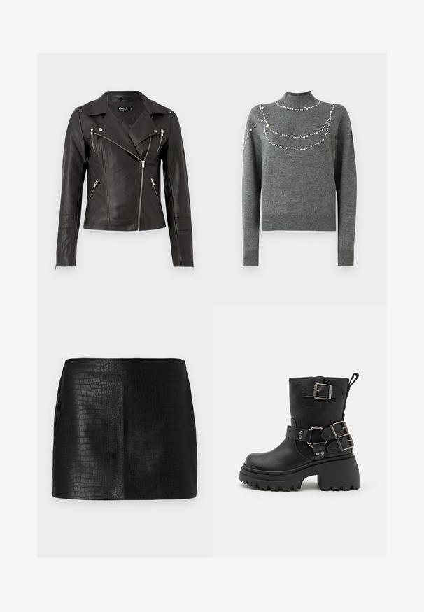 Schwarze Leder-Motorradjacke mit tailliertem Design, asymmetrischem Frontreißverschluss und drei Reißverschlusstaschen. Mit Schulterklappen.; Grauer gestrickter Pullover mit hohem Kragen und langen Ärmeln. Verfügt über dekorative Perlenmuster über der Brust in unterschiedlichen Größen.; Schwarzer Kunstleder-Minirock mit strukturiertem Krokodil-Muster, der eine glatte Oberfläche und eine maßgeschneiderte Form ohne sichtbare Beschläge aufweist.; Schwarze Leder-Stiefel bis zum Knöchel mit einer klobigen Sohle, Schnallen- und Riemenakzenten sowie einer strukturierten Oberfläche. Verfügt über eine Zuglasche für einfaches An- und Ausziehen.