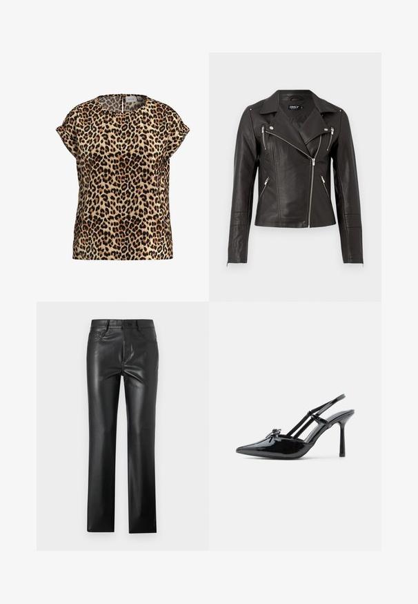 Zwarte leren motorjack met een strakke pasvorm, asymmetrische rits aan de voorkant en drie ritszakken. Voorzien van schouderepauletten.; Leopardprint top, korte mouwen, ronde hals, gemaakt van een zijdezachte stof; heeft een tan achtergrond met zwarte en bruine vlekken.; Zwarte leren broek met een recht model, voorzien van voorzakken, een knoopsluiting en een gladde, glanzende textuur.; Zwarte lakleren hoge hakken met slingback, puntige neus, dunne hak en dubbele banddetails over de wreef.