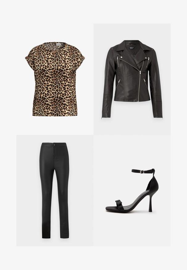 Zwarte leren motorjack met een strakke pasvorm, asymmetrische rits aan de voorkant en drie ritszakken. Voorzien van schouderepauletten.; Leopardprint top, korte mouwen, ronde hals, gemaakt van een zijdezachte stof; heeft een tan achtergrond met zwarte en bruine vlekken.; Zwarte legging gemaakt van rekbaar, glad materiaal met een aansluitend ontwerp, voorzien van een voorknop en ritssluiting, en rechte pijpen.; Zwarte sandaal met hoge hak, een enkelriem, een zilveren gesp en een voorriem met een klein strikdetail.