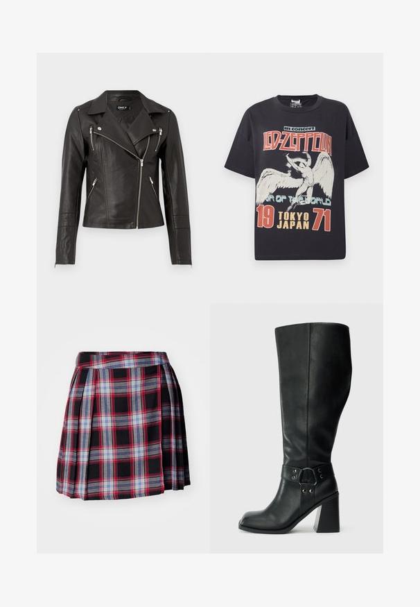 Zwarte leren motorjack met een strakke pasvorm, asymmetrische rits aan de voorkant en drie ritszakken. Voorzien van schouderepauletten.; Zwarte katoenen t-shirt met een grote grafische afdruk van een engel met de tekst "Led Zeppelin in concert Tour of the World Tokio Japan 1971."; Zwarte geruite rok met rode, blauwe en grijze checks, met plooien en een platte tailleband voor een gestructureerde pasvorm. Zachte stoftextuur.; Kniehoge zwarte leren laarzen met een vierkante neus, brede hak en een decoratieve band met metalen accenten rond de enkel. Gladde textuur.