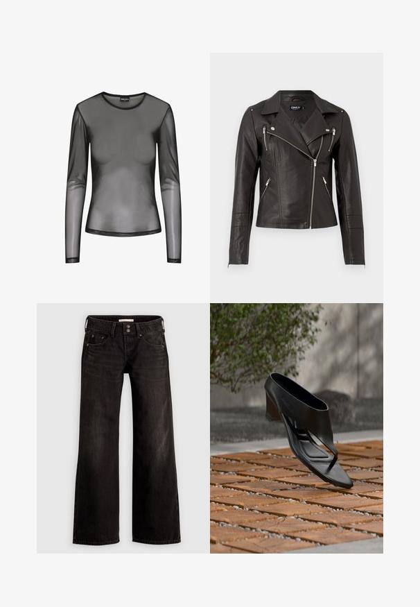 Schwarze Leder-Motorradjacke mit tailliertem Design, asymmetrischem Frontreißverschluss und drei Reißverschlusstaschen. Mit Schulterklappen.; Schwarzes langärmliges Mesh-Oberteil mit rundem Ausschnitt, aus transparentem Stoff und figurbetonter Passform. Die Ränder sind mit schwarzer Naht versehen.; Schwarze Jeans mit weitem Bein und leicht ausgeblichenem Finish, ausgestattet mit vorderen Taschen, einem Reißverschluss und einer Knopfverschluss. Hergestellt aus Denimstoff.; Schwarze High-Heeled Sandale mit Zehensteg, schwebend über einer gemusterten Holz- und Kiesaußenfläche mit verschwommenem Grün und Wand im Hintergrund.
