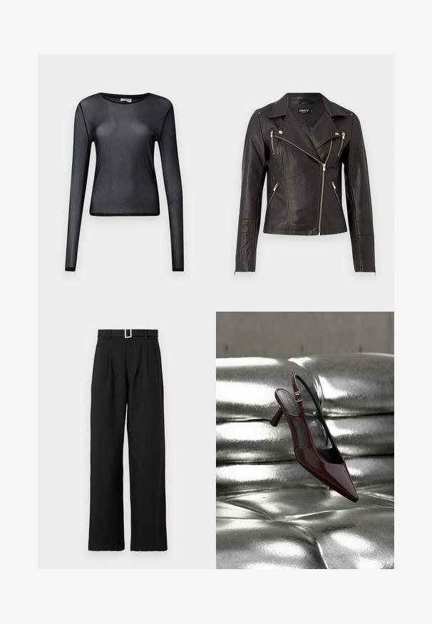 Veste de moto en cuir noir avec un design ajusté, fermeture éclair frontale asymétrique et trois poches zippées. Équipée d'épaulettes.; Haut noir à manches longues en maille transparente avec col rond et silhouette ajustée, présenté sur un fond uni.; Pantalons larges taille haute noirs avec passants de ceinture et une boucle rectangulaire en argent sur fond blanc.; Escarpin slingback à talon haut, rouge foncé brillant avec bout pointu, présenté sur une surface en cuir argenté capitonné et brillant.