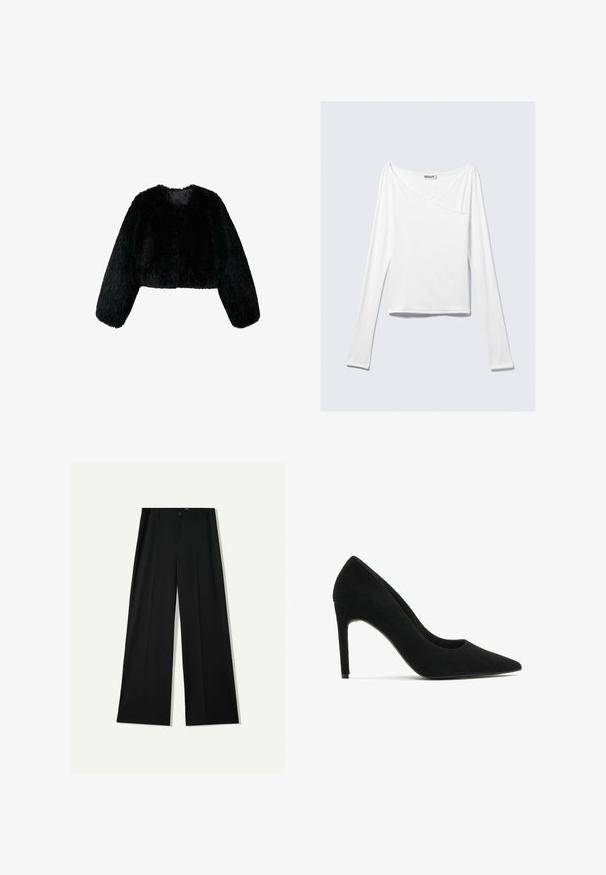 Zwarte faux fur cropped jacket met lange mouwen en een ronde halslijn. Zachte textuur en een effen kleur zonder extra patronen of accenten.; Witte long-sleeve top met een crossover ontwerp en een zak. Gemaakt van een gladde, rekbare stof. Geknipt in een casual, relaxte pasvorm.; Bershka WIDE - Broek - black; Zwarte suède hoge hakken met een puntige neus, een gladde textuur en een slanke silhoeet; beschikt over een stilettohak en een minimalistisch ontwerp.