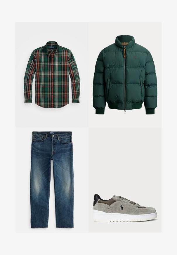 Dunkelgrüne gesteppte Jacke mit hohem Kragen, Frontreißverschluss, gerippten Bündchen und Saum sowie zwei Seitentaschen.; Grün kariertes Hemd mit Knöpfen, in dem orange, marine und weiße Streifen eingearbeitet sind. Es verfügt über einen klassischen Kragen und lange Ärmel und besteht aus weichem Baumwollstoff.; Indigoblaue Denim-Jeans mit geradem Bein, Fünf-Taschen-Design und subtilen Verblassungen an den Oberschenkeln. Metallknopf- und Reißverschlussverschluss.; Graue Wildleder-Sneaker mit strukturiertem Obermaterial, kontrastierendem schwarzen Fersenbereich, weißer Sohle und gesticktem Logo. Schnürdesign mit sechs Ösen.