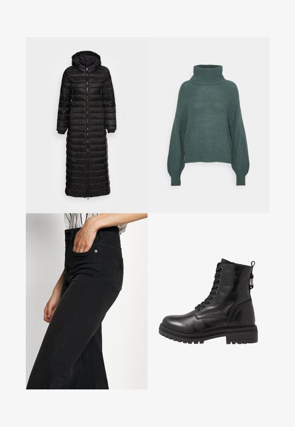 Manteau matelassé long noir avec une capuche, présentant un design matelassé, une fermeture éclair à l'avant et des poignets élastiques. Texture lisse et matériau léger.; Pull en maille à col roulé, couleur bleu canard profond, coupe décontractée, manches ballon, bords côtelés et ourlet, tissu texturé.; Jean large en denim noir avec une taille haute, une poche avant et une poche arrière appliquée. Texture lisse avec des détails de coutures minimales.; Bottine en cuir noir avec bout arrondi, devant à lacets et semelle en caoutchouc texturé. Comprend une languette au dos et des coutures renforcées.