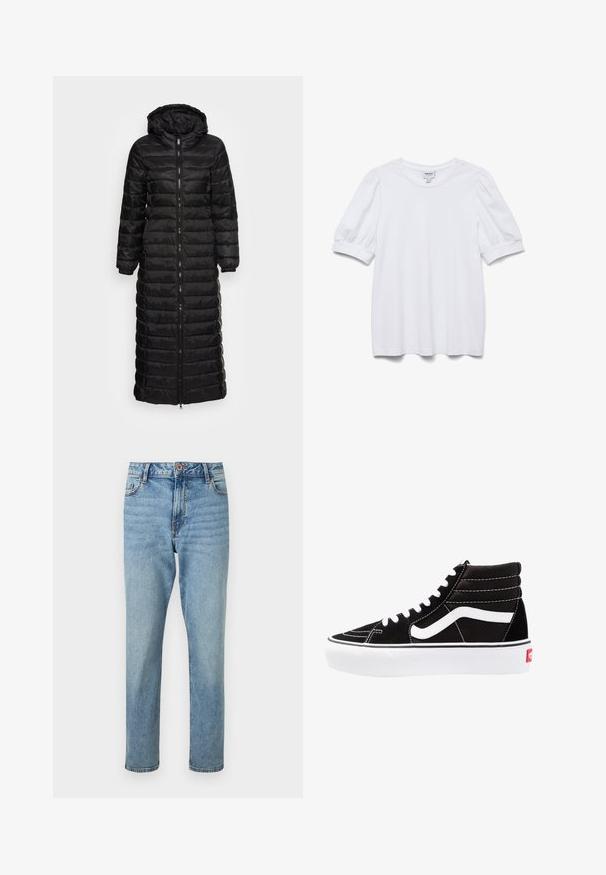 Manteau matelassé long noir avec une capuche, présentant un design matelassé, une fermeture éclair à l'avant et des poignets élastiques. Texture lisse et matériau léger.; Haut blanc à manches courtes avec un col rond et des manches bouffantes. Fabriqué en tissu lisse, présentant une étiquette portant la mention "AWARE".; Jean bleu clair taille haute, coupe droite, avec fermeture par bouton et zip à l'avant, poches avant et détails subtilement délavés.; Baskets montantes noires avec des lacets blancs, un logo blanc et des coutures blanches contrastées. Dotées d'une épaisse semelle blanche et d'un dessus en daim texturé.
