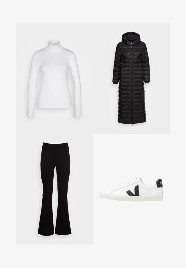 Zwarte lange pufferjas met capuchon, voorzien van een gewatteerd ontwerp, een voorkeursrits en elastische manchetten. Glad oppervlak en lichtgewicht materiaal.; Witte langemouwen turtle neck shirt van een soepel, rekbaar stof. Heeft een strakke pasvorm en een hoge kraag. Geen zichtbare patronen of accenten.; Zwarte flared broek van rekbaar materiaal met een hoge tailleband. Bevat stiksel details, een gladde textuur en uitlopende benen.; Witte sneaker met een zwart V-logo, voorzien van een gladleren bovenwerk, ronde neus, vetersluiting en een contrasterende zwarte hieltab.