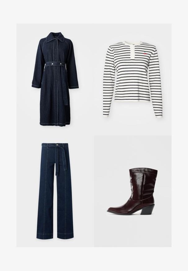 Abrigo de mezclilla oscura con cuello de solapa, mangas largas y cintura ceñida. Presenta costuras blancas en contraste y bolsillos laterales.; Camiseta de manga larga a rayas en blanco y azul marino, con un cuello henley con botones y un pequeño detalle de cereza bordado en el pecho.; Pantalón vaquero azul oscuro de pierna ancha con detalles de costura en la parte delantera y cinturón de tela a juego atado a la cintura.; Botines de cuero burdeos con punta afilada, superficie texturizada y tacón bajo cónico. Presentan costuras sutiles y un ajuste ceñido.
