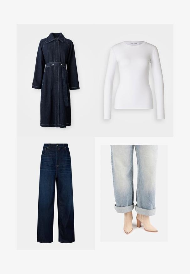 Dunkelblauer Jeansmantel mit Kragen, langen Ärmeln und tailliertem Schnitt. Mit kontrastierender weißer Naht und seitlichen Taschen.; Weißes Langarmhemd aus geripptem Stoff mit Rundhalsausschnitt und taillierter Form. Keine Muster oder Akzente sind vorhanden.; Hochtaillierte dunkelblaue weit geschnittene Jeans mit Fronttaschen, Knopf- und Reißverschluss, vor einem schlichten Hintergrund präsentiert.; Beige Wildleder-Ankle-Boots mit einer spitzen Zehenpartie und metallicfarbenem Absatz, kombiniert mit hellblauen hochgekrempelten Jeans.