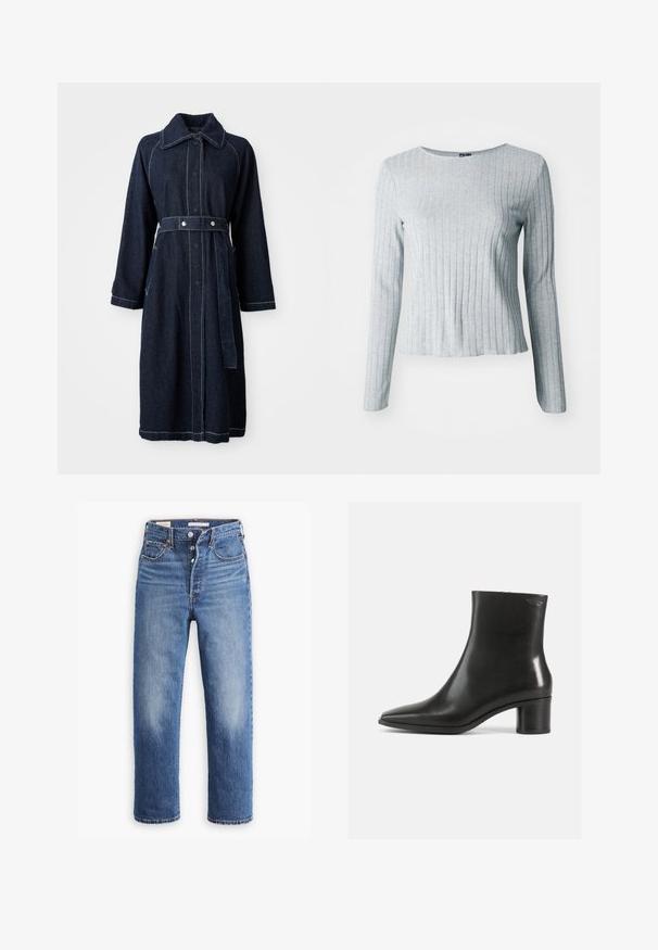 Mørk denimfrakke med krave, lange ærmer og belted talje. Har kontrasterende hvid syning og sidelommer.; Grå ribbet langærmet bluse med rund halsudskæring, lavet af blødt tekstureret stof; har en let udvidet kant for en afslappet pasform.; Blå denim jeans med høj talje, lige ben og udtværede områder. Har forlommer og metalbeslag.; Sort læderankelstøvle med spids tå og en mellemhøj blokhælk. Glat tekstur og minimalistisk design. Ingen synligt hardware.