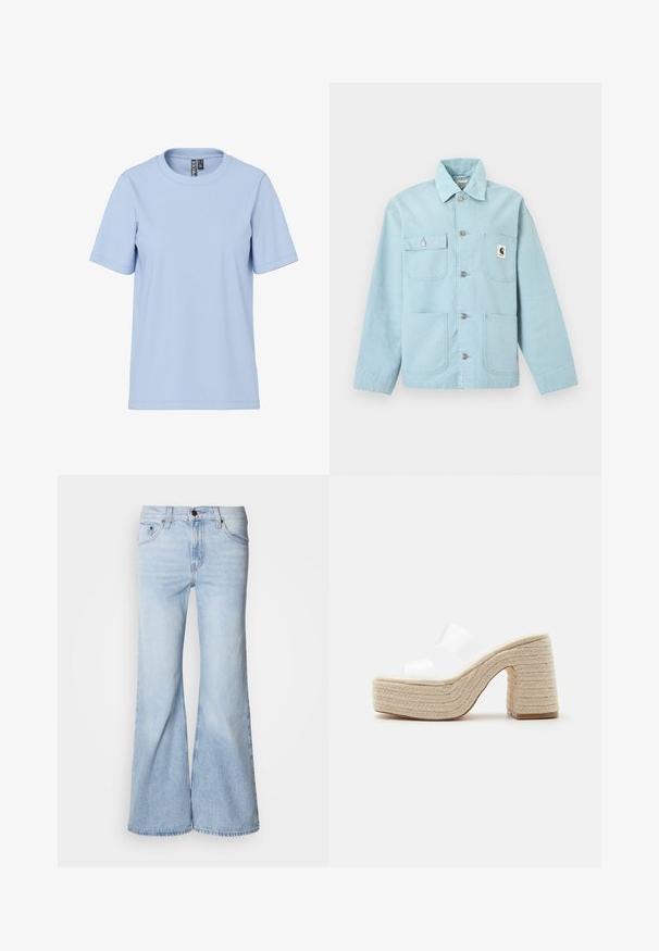 Veste boutonnée bleu clair avec quatre poches avant, boutons argentés, col et petit patch logo blanc sur la poche supérieure droite.; T-shirt bleu clair à manches courtes en tissu doux, avec un col rond classique et sans motifs ni accessoires visibles.; Jean évasé bleu clair, avec une taille haute, en tissu denim, cinq poches et une fermeture par bouton. Les jambes sont larges et présentent une légère décoloration.; Sandale plateforme avec talon et semelle beige tressés épais, dotée de deux larges brides blanches translucides sur le pied.
