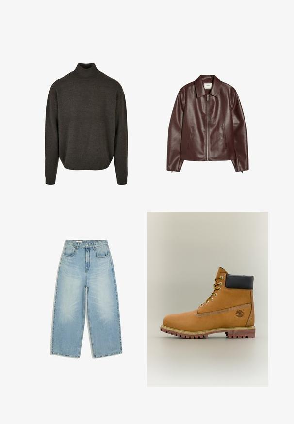 Veste en cuir marron foncé avec fermeture éclair à l'avant, deux poches latérales, manches longues et col classique.; Pull en maille brun à col roulé avec une coupe décontractée, poignets et ourlet côtelés. Présente une texture douce et ne comporte aucun motif ou embellissement visible.; Jean denim bleu clair taille haute avec jambes larges, poches avant, passants de ceinture et fermeture par bouton et fermeture éclair.; Bottine en cuir marron avec col noir, lacets jaunes et semelle beige. Présente un logo et des détails de couture blanche. Semelle extérieure à traction robuste.