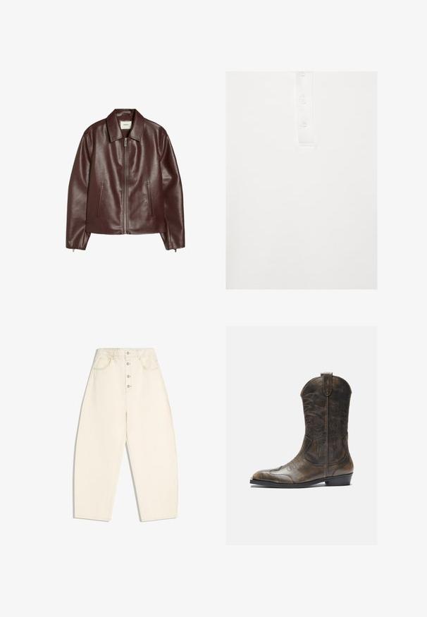 Veste en cuir marron foncé avec fermeture éclair à l'avant, deux poches latérales, manches longues et col classique.; Polo blanc avec une patte boutonnée comportant trois boutons blancs assortis, centré sur un fond uni.; Pantalon crème taille haute, jambes larges, fermeture à boutons à l'avant, avec poches latérales et arrière, sur fond blanc.; Botte de cow-boy en cuir marron avec un long tige, un bout pointu, des motifs de couture complexes et un petit talon. Finition texturée tout au long.