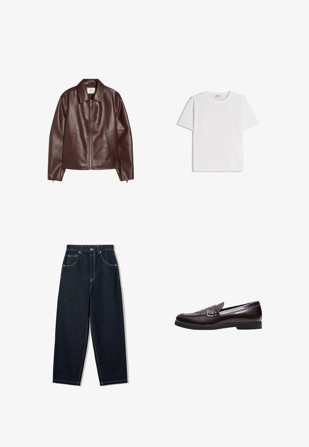Veste en cuir marron foncé avec fermeture éclair à l'avant, deux poches latérales, manches longues et col classique.; T-shirt en coton blanc avec un col rond et des manches courtes. Présente une coupe classique et carrée, sans motifs ni accents visibles.; Jean en denim foncé à jambes larges avec des coutures blanches contrastées, cinq poches et une fermeture bouton. Présente un design taille haute.; Mocassin en cuir marron foncé avec un petit talon, des détails cousus sur l'avant et une bride décorative sur le dessus.