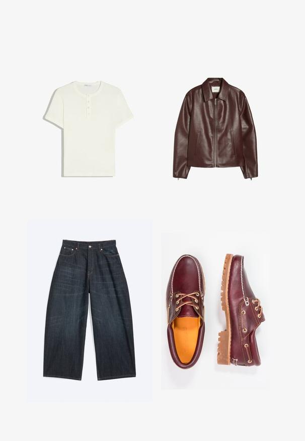 Donkerbruine leren jas met een ritssluiting aan de voorkant, twee zijzakken, lange mouwen en een klassieke kraag.; Witte geribde gebreide top met korte mouwen, ronde halslijn en een vierknopsluiting middenvoor.; Donkerblauwe jeans met wijde pijpen, voorzakken, knoopsluiting en zichtbare stiksels, plat liggend op een witte achtergrond.; Bordeaux leren schoenen met bruine rubberen zolen, ronde neus, witte stiksels en gouden veterogen. Het interieur heeft een gele voering.