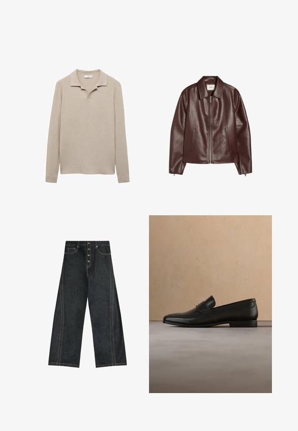 Veste en cuir marron foncé avec fermeture éclair à l'avant, deux poches latérales, manches longues et col classique.; Pull en tricot côtelé beige avec un col, décolleté en V à l'avant, manches longues et ourlet droit. Texture lisse sur l'ensemble.; Jean bleu foncé à jambes larges avec fermeture à boutons sur le devant et coutures visibles le long des coutures et des poches sur fond blanc.; Mocassin en cuir noir présenté en lévitation au-dessus d'un tapis beige avec un canapé beige en arrière-plan.