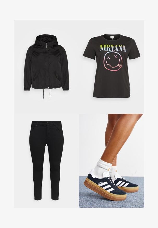 Sort hættejakke med lynlås foran, klap med trykknapper, to forlommer med trykknapper, elastiske manchetter og justerbar snøre i kanten.; Sort bomulds t-shirt med flerfarvet "NIRVANA" tekst over et smilende ansigt med X'er i stedet for øjne, korte ærmer og rund halsudskæring.; Sorte skinny jeans lavet af et strækstof, med forlommer, en knaplukning og et strømlinet design uden synlige mønstre eller udsmykninger.; Ben iført hvide sokker og sorte Adidas Gazelle sneakers med hvide striber og tykke brune såler på et gråt tæppe.