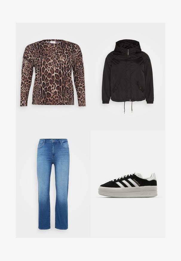 Sort hættejakke med lynlås foran, klap med trykknapper, to forlommer med trykknapper, elastiske manchetter og justerbar snøre i kanten.; Langærmet skjorte med leopardprint i nuancer af brun, sort og beige. Blød tekstur med en afslappet pasform.; Lysblå denimjeans med lige snit, fem-lomme design og en slidt effekt ved kanten. Knaplukning i taljen.; Sort ruskind sneaker med hvide læderdetaljer, tre hvide striber, flade snørebånd og en tyk grå platformsål. Guldfarvet "Gazelle" branding.