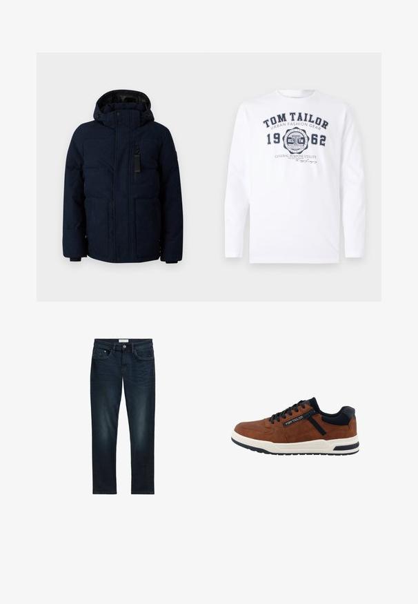 TOM TAILOR PUFFER JACKET - Winterjas - sky captain blue; TOM TAILOR Longsleeve - white; Donkerblauwe spijkerbroek met een slim fit, met vijf zakken, een knoopsluiting en subtiele vervaging aan de voorkant voor textuur.; Bruine leren sneaker met zwarte veters, witte zool, zwarte mesh kraag en zijritsdetail met "Tom Tailor" branding.