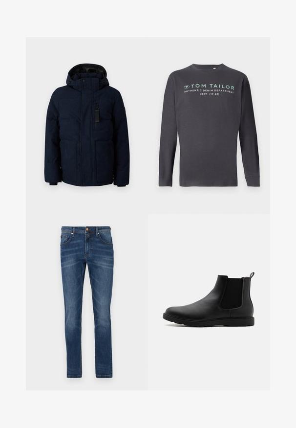 TOM TAILOR PUFFER JACKET - Winterjas - sky captain blue; TOM TAILOR PRINTED - Longsleeve - tarmac grey; Donkerblauwe denim jeans met een rechte pijp, vijf zakken, subtiele vervaging, contrasterende stiksels en een knoopsluiting in de taille.; Zwarte leren Chelsea-laars met elastische zijpanelen, een trekhaak en een duurzame rubberen zool. Glad oppervlak en gestroomlijnd ontwerp.