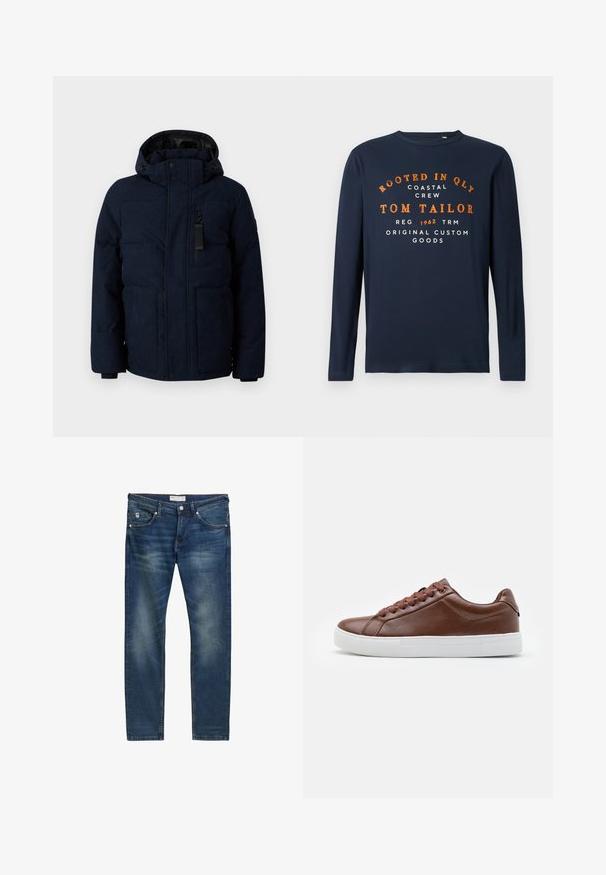 TOM TAILOR PUFFER JACKET - Talvejope - sky captain blue; Tumesinine pikkade varrukatega T-särk ümmarguse kaelusega, millel on oranž ja valge kiri: "JUURTEGA QLY RANNIKU MEES TOM TAILOR 1962 ORIGINAAL KOHANDATUD KAUBAD."; Tumedat sinised teksad sirge lõikega, millel on kergepleekimine, viis taskut, lukuga kinni ja peened kontrastõmblused.; Pruun nahast tenniseking, millel on sile tekstuur, ümar varvas, lipsud ees ning valge kummist põhi, millel on tekstuuriga muster.