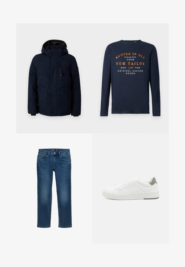 TOM TAILOR PUFFER JACKET - Talvitakki - sky captain blue; Tummansininen pitkähihainen pyöreäkauluksinen paita, jossa on oranssia ja valkoista tekstiä: "JUURET QLY RANNIKON KRV TOM TAILOR 1962 ALKUPERÄISET KÄSINTEHDYT TUOTTEET."; Miestne rovné nohavice v tmavomodrom denim, s klasickým piatich vreciek, jemným efektom opotrebovania a zapínaním na gombík.; Valkoinen lenkkari, jossa on sileä nahkamateriaali, pyöristetty kärki, minimalistinen muotoilu, harmaa kantapääkorostus ja teksturoitu kumipohja.