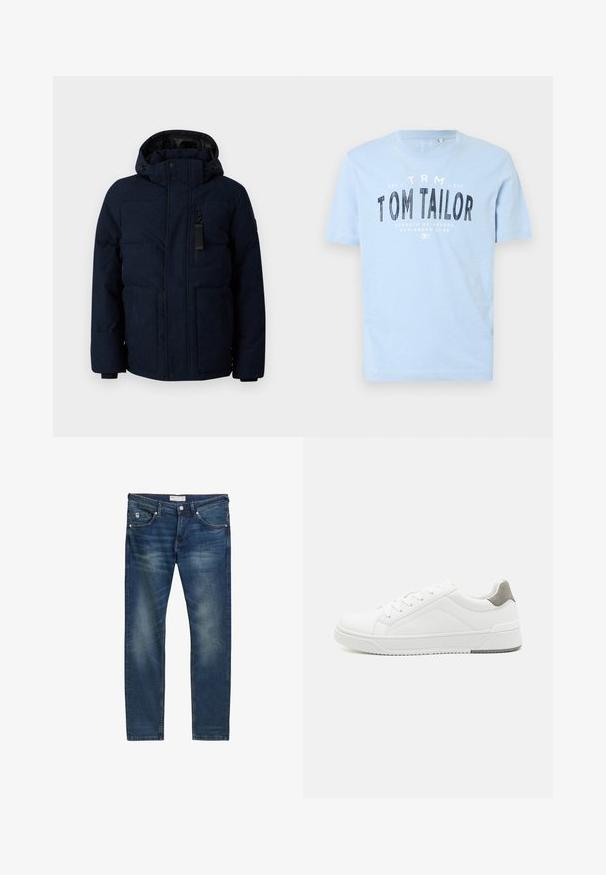 TOM TAILOR PUFFER JACKET - Vinterjakker - sky captain blue; Lyseblå bomulds t-shirt med rund halsudskæring og korte ærmer. Den har kraftig sort trykt tekst: "TOM TAILOR" samt yderligere brandingdetaljer.; Mørkeblå denim jeans med lige pasform, prydet med let falmning, fem lommer, lynlås og diskret kontrastsyning.; Hvid sneaker lavet af glat læder, rund tå, minimalistisk design, grå hælafsats og tekstureret gummisål.