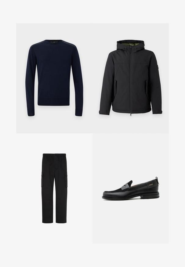 Schwarze isolierte Jacke mit Kapuze, Reißverschluss und Seitentaschen. Verfügt über ein glattes äußeres Material und ein kontrastierendes Innenfutter.; Dunkelblauer Strickpullover mit langen Ärmeln, rundem Hals und gerippten Bündchen. Verfügt über strukturierte Schulterakzente und eine taillierte Silhouette.; Schwarze gerade geschnittene Cargohosen mit elastischem Bund, Knopfverschluss und zwei Klappentaschen an den Seiten.; Schwarzer Lederloafer mit grauem Riemendetail, niedrigem Absatz und strukturierter Sohle, seitlich mit „HUGO“ in Gold gebrandmarkt.