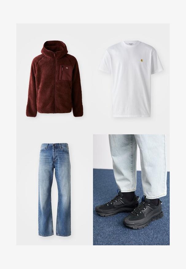 Burgunderfarbene Fleecejacke mit Reißverschluss vorne, Kapuze, seitlichen Taschen und Brusttasche. Strukturierter, weicher Stoff mit einem leicht übergroßen Schnitt.; Weißes Baumwoll-T-Shirt mit kurzen Ärmeln, Rundhalsausschnitt, mit einem kleinen goldenen Logo im linken Brustbereich. Weicher Stoff und normale Passform.; Blaue Jeans mit geradem Bein aus Denim, mit leichtem Verblassen an den Oberschenkeln und Knien, ausgestattet mit fünf Taschen und einem Knopfverschluss.; Schwarze Sportschuhe aus strukturiertem Stoff mit Gummisohlen, ausgestattet mit elastischen Schnürsenkeln und einem blauen Akzent an der Ferse. Getragen mit hellen Jeans.