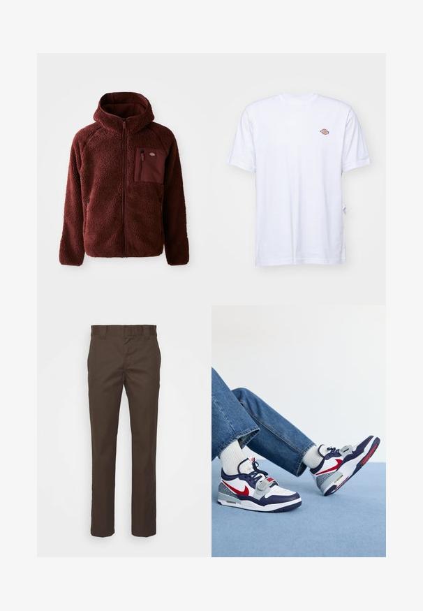 Veste en fleece bordeaux avec fermeture éclair sur le devant, capuche, poches latérales et poche poitrine. Tissu texturé et doux avec une coupe légèrement surdimensionnée.; T-shirt en coton blanc avec un col en V et des manches courtes. Présente un petit logo coloré brodé sur la poitrine gauche. Texture douce.; Pantalons marron en tissu résistant, avec une coupe droite, une taille standard et des poches latérales pour plus de fonctionnalité.; Baskets Nike avec une tige blanche et marine, des accents rouges, des sections à motifs gris et une semelle blanche épaisse, portées avec un jean bleu et des chaussettes blanches.