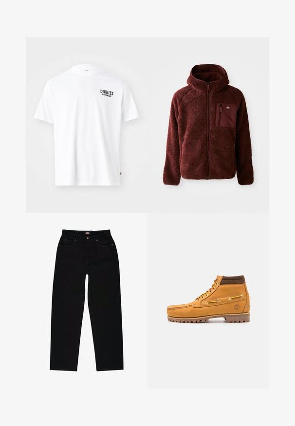 Chaqueta de forro polar burdeos con cremallera frontal, capucha, bolsillos laterales y bolsillo en el pecho. Material texturizado y suave con un ajuste ligeramente holgado.; Camiseta de algodón blanca con cuello redondo, mangas cortas y un pequeño logo negro de "Dickies Workwear" en el lado izquierdo del pecho. Textura suave, corte estándar.; Vaqueros de mezclilla negra con corte recto, que cuentan con cinco bolsillos, costuras marrones y cierre de cremallera. Textura suave y material duradero.; Timberland AUTHENTIC MID LACE BOOT - Botines con cordones - wheat