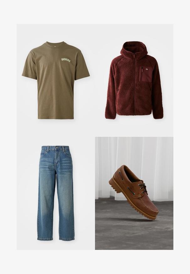 Burgunderfarbene Fleecejacke mit Reißverschluss vorne, Kapuze, seitlichen Taschen und Brusttasche. Strukturierter, weicher Stoff mit einem leicht übergroßen Schnitt.; Olivgrünes Baumwoll-T-Shirt mit kurzen Ärmeln, Rundkragen und einem kleinen weißen "Dickies"-Logo auf der linken Brust. Glatte Textur.; Helle blaue Denim-Hose im weit geschnittenen Stil mit hoher Taille, fünf Taschen und einem leicht verwaschenen Finish. Verfügt über einen Knopf- und Reißverschluss.; Brauner Leder-Bootsschuh mit schwarzen Schnürsenkeln, beigen Nähten und einer robusten Sohle, schwebt über einem grauen Betonboden.