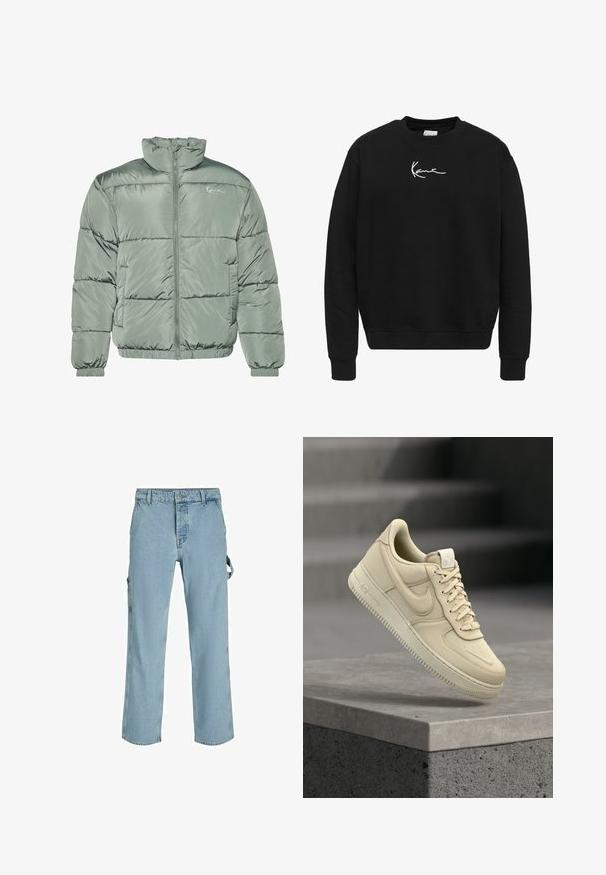 Gestepptes Jackett in Hellgrün, mit hohem Kragen, zentralem Reißverschluss und elastischen Bündchen und Saum für eine eng anliegende Passform. Glattes, glänzendes Material.; Schwarzes Sweatshirt aus Baumwolle mit Rundhalsausschnitt. Verfügt über ein weißes gesticktes Logo auf der Brust sowie gerippte Bündchen und Saum.; Hellblaue Denim-Cargo-Hosen mit entspannter Passform, ausgestattet mit seitlichen Befestigungsschlaufen und Fronttaschen, die eine ausgewaschene Textur aufweisen.; Beiger Nike Air Force 1 Sneaker schwebt über einer grauen Betonplatte mit unscharfem Treppenhintergrund.