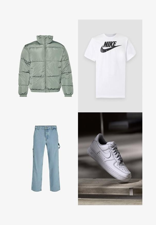 Polstret jakke i lys grøn, med høj krave, centerlynlås samt elastiske manchetter og kant for en tætsiddende pasform. Glat, blankt stof.; Hvid T-shirt med korte ærmer med sort Nike-logo og swoosh centreret på brystet mod en ensfarvet grå baggrund.; Lysblå denim cargo bukser med en afslappet pasform, der har sideløkker til tilkobling og frontlommer, og viser en falmet tekstur.; Hvid læder Nike Air Force 1 sneaker med perforeret tå, flade snørebånd og tekstureret gummisål med "AIR" branding på siden.