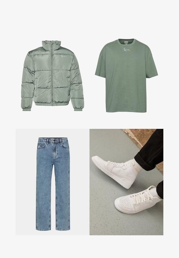 Polstret jakke i lys grøn, med høj krave, centerlynlås samt elastiske manchetter og kant for en tætsiddende pasform. Glat, blankt stof.; Grøn bomulds t-shirt med afslappet pasform, ribbet rund hals og korte ærmer. Har hvid broderet tekst på brystet.; Lyseblå lige ben jeans i denimstof med knaplukning, fem lommer og kontrastsyning.; Hvide høj-top sneakers lavet af glat læder med perforeret tå, snørelukning og subtil logo detaljer på siden. Tekstureret gummisål.
