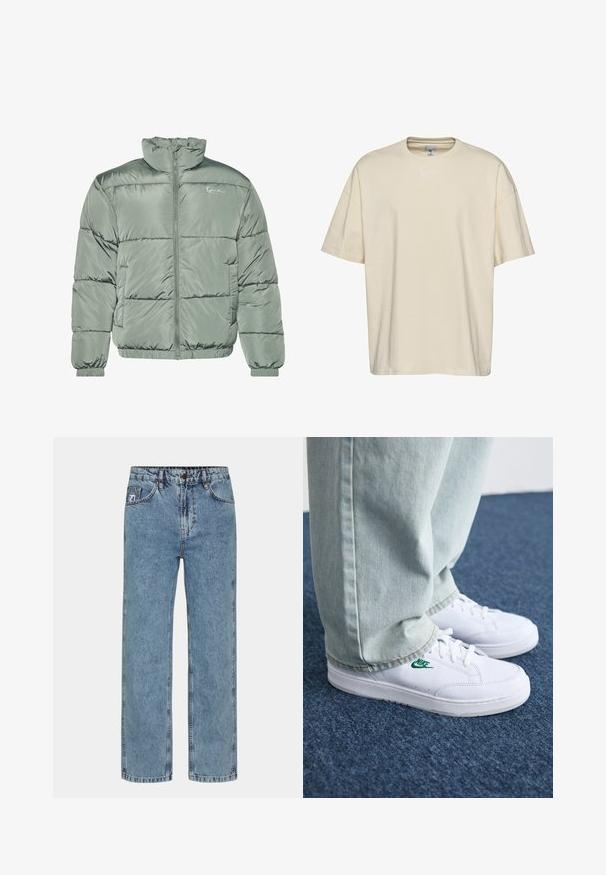 Gestepptes Jackett in Hellgrün, mit hohem Kragen, zentralem Reißverschluss und elastischen Bündchen und Saum für eine eng anliegende Passform. Glattes, glänzendes Material.; Beige Baumwoll-T-Shirt mit rundem Halsausschnitt, kurzen Ärmeln und lockerer Passform. Mit dezentem weißen Logo-Stick auf der Brust.; Hellblaue gerade geschnittene Jeans aus Denim-Stoff, mit Knopfverschluss, fünf Taschen und kontrastierenden Nähten.; Weiße Leder-Sneaker mit grünem Nike-Logo, runde Zehenpartie, flache Sohle, kombiniert mit hellblauen Jeans, präsentiert auf einem blauen Teppich.