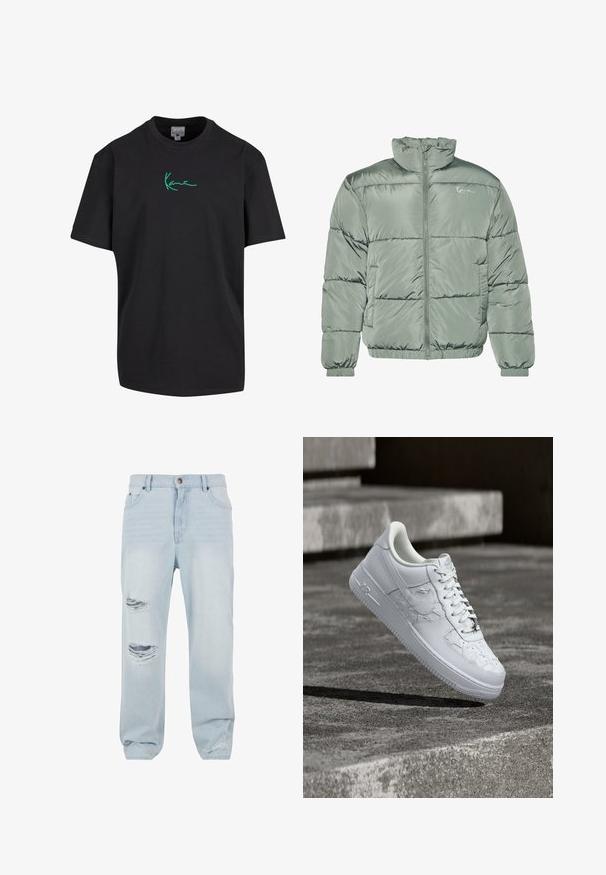 Gestepptes Jackett in Hellgrün, mit hohem Kragen, zentralem Reißverschluss und elastischen Bündchen und Saum für eine eng anliegende Passform. Glattes, glänzendes Material.; Schwarzes Baumwoll-T-Shirt mit kurzen Ärmeln und Rundhalsausschnitt. Auf der Vorderseite mit grünem "Kanye"-Unterschrift-Graphic gestaltet. Schlichter Rücken und lockere Passform.; Hellblaue Jeans aus Denim mit lockerer Passform, ausgestattet mit zwei beschädigten Rissen an der Vorderseite und einem klassischen Knopf- und Reißverschluss.; Weißer Nike Air Force 1 Sneaker mit geprägten Sternmustern und einem metallischen Stern-Schnürsenkelanhänger, der über einer Betonoberfläche schwebt.