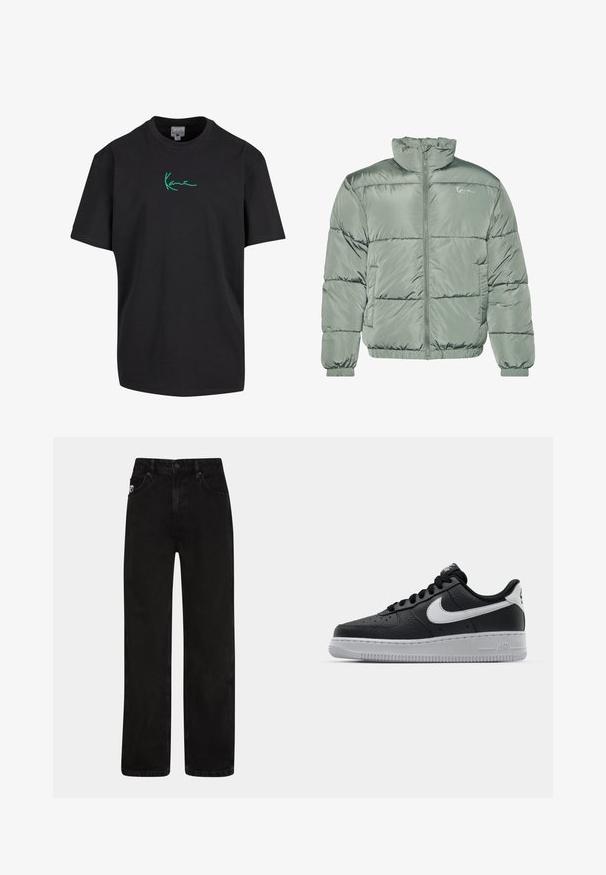 Gestepptes Jackett in Hellgrün, mit hohem Kragen, zentralem Reißverschluss und elastischen Bündchen und Saum für eine eng anliegende Passform. Glattes, glänzendes Material.; Schwarzes Baumwoll-T-Shirt mit kurzen Ärmeln und Rundhalsausschnitt. Auf der Vorderseite mit grünem "Kanye"-Unterschrift-Graphic gestaltet. Schlichter Rücken und lockere Passform.; Schwarze Denim-Jeans mit geradem Schnitt, ausgestattet mit frontalen Taschen, einem Knopfverschluss und einem dezenten Logo-Patch am Bund.; Schwarze Ledersneaker mit strukturierten Oberflächen, weißem Nike-Swoosh, grauer Sohle, runder Zehenpartie und Schnürdesign. Verfügt über Perforationen an der Zehenbox.