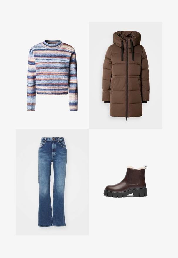 Bruine gevoerde parka-jack met hoge kraag, zwarte rits en verstelbare capuchon. Voorzien van horizontale stiksels en zijzakken.; Multikleurige cropped trui met horizontale strepen. Het materiaal heeft een zachte, textuurrijke feel. Heeft een ronde halslijn en lange mouwen.; Hoge taille flared jeans in middelblauw denim. Vijf-pocket ontwerp met een knoopsluiting aan de voorkant. Kenmerkt een vervaagde wassing en contrasterende stiksels.; Bruine leren enkellaars met een pluizige voering, elastische zijkanten en een dikke zwarte platformzool met diepe groeven.