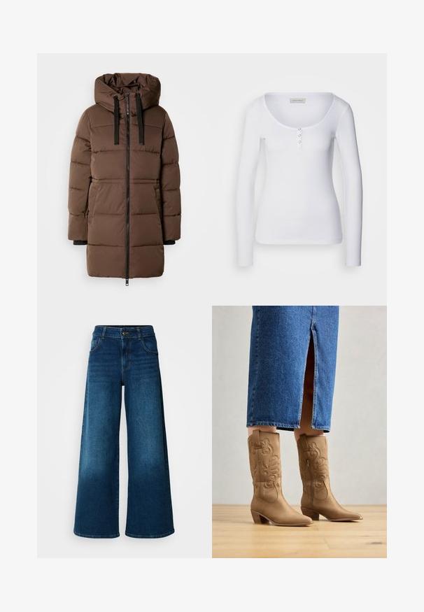 Brun polstret parka-jakke med høj krave, sort lynlås og justerbar hætte. Har vandrette syninger og sidelommer.; Hvid langærmet top med bådudskæring, ribbet tekstur og tre sølvknapdetaljer på den forreste stolpe.; Viddejeans lavet af mørkeblå denim. Har høj talje, knaplukning og klassisk fem-lomme design med subtile falme.; Tan western-stil støvler med dekorativ syning, spids tå og stakket hæl. Båret med en denimnederdel i knæ længde, der afslører støvlerne.