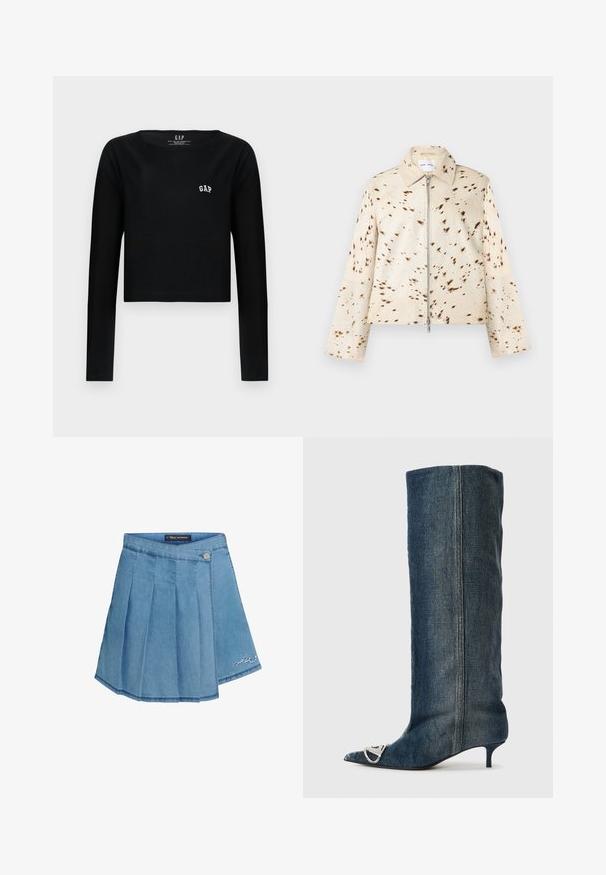 Beige langærmet jakke med brune pletter, lynlås foran og spids krave, vist mod en ensartet hvid baggrund.; Sort langærmet crop top i bomuld med rund halsudskæring og hvid broderet "GAP" logo på brystet. Glat tekstur.; Lyseblå denimnederdel med plisseret design, metalknaplukning og broderet detalje i kanten. Glat tekstur og A-formet silhouette.; Denim knæhøj støvle med spids tå, sølvfarvet hardware detalje, slank kitten-hæl og en glat, tekstureret finish.