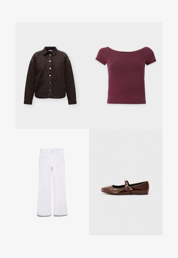 Veste marron foncé à boutons, manches longues, deux poches avant et col plié, présentée sur fond uni.; Top court à manches courtes, épaules dénudées, en tissu uni bordeaux foncé avec ourlet et encolure côtelés.; Pantalon blanc taille haute à jambes larges avec poches plaquées devant, passants de ceinture et fermeture double bouton sur fond blanc uni.; Ballerine en cuir verni marron avec un bout carré et une lanière ornée d'une petite boucle dorée. Texture lisse, talon bas et design minimaliste.